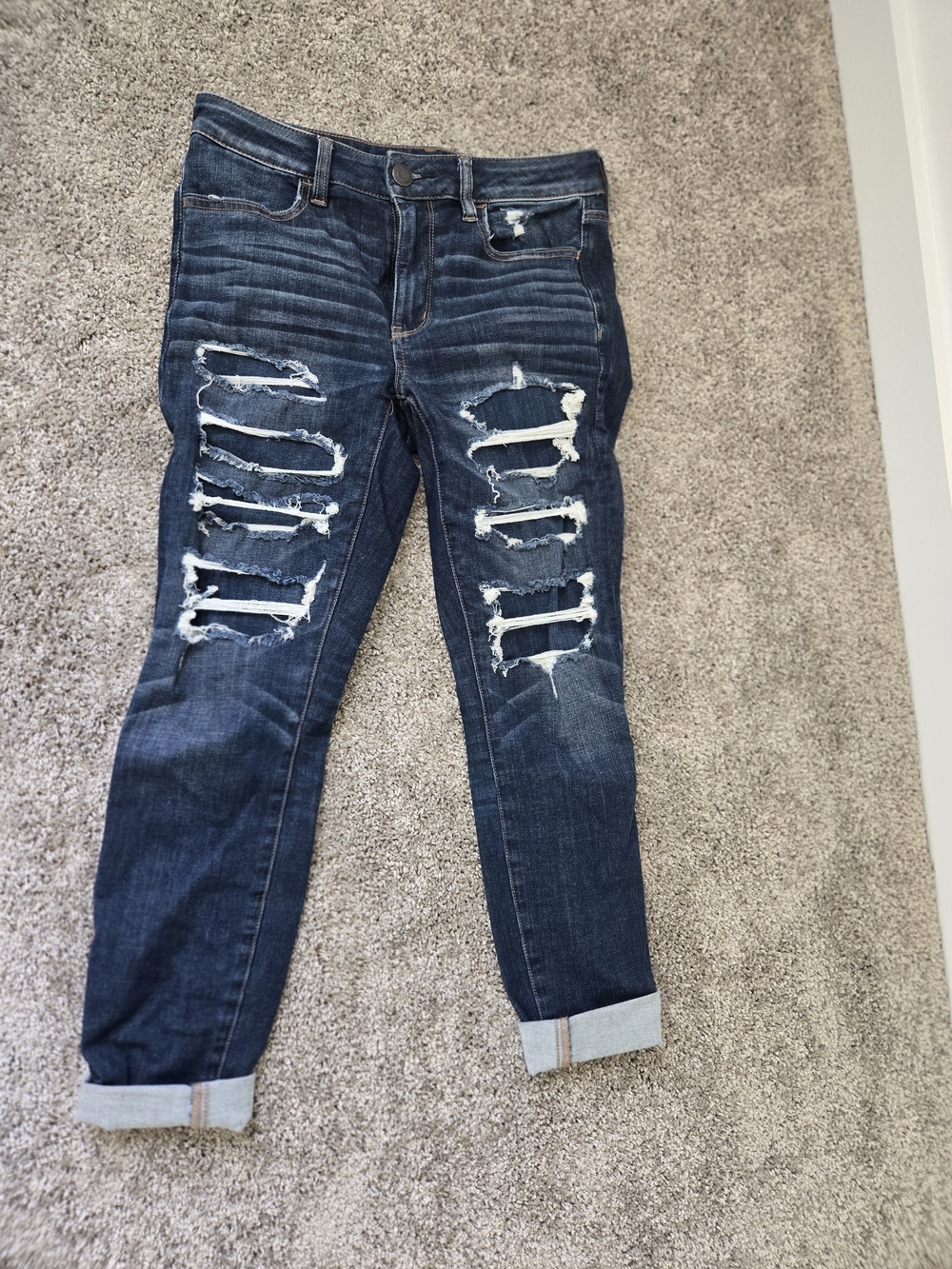 American Eagle Outfitters Dark Blue Distressed Straight Leg Jeans